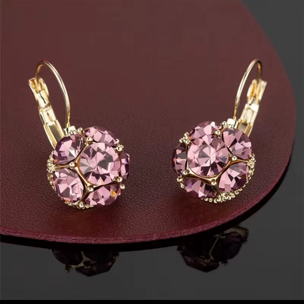 Pink Cluster Earrings with Lever-Back Closure, 18K Gold Plated